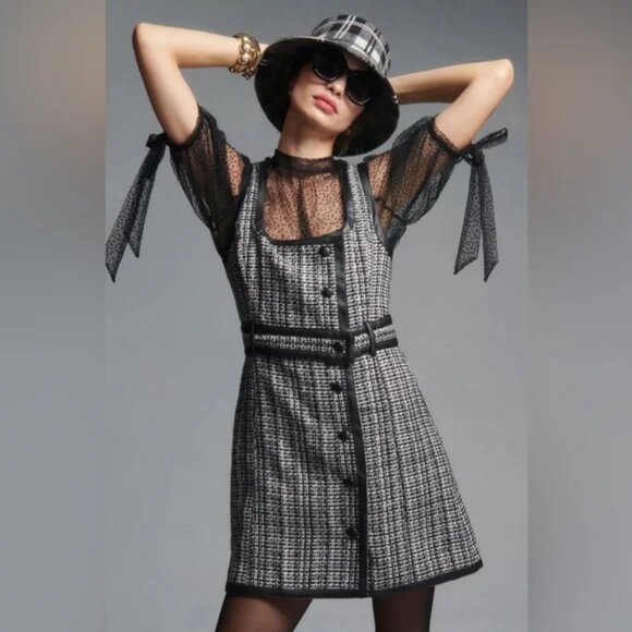 ANTHROPOLOGIE MAEVE Retro TWEED Button front Black White MINI DRESS - Fall! 8/10 - Picture 1 of 13